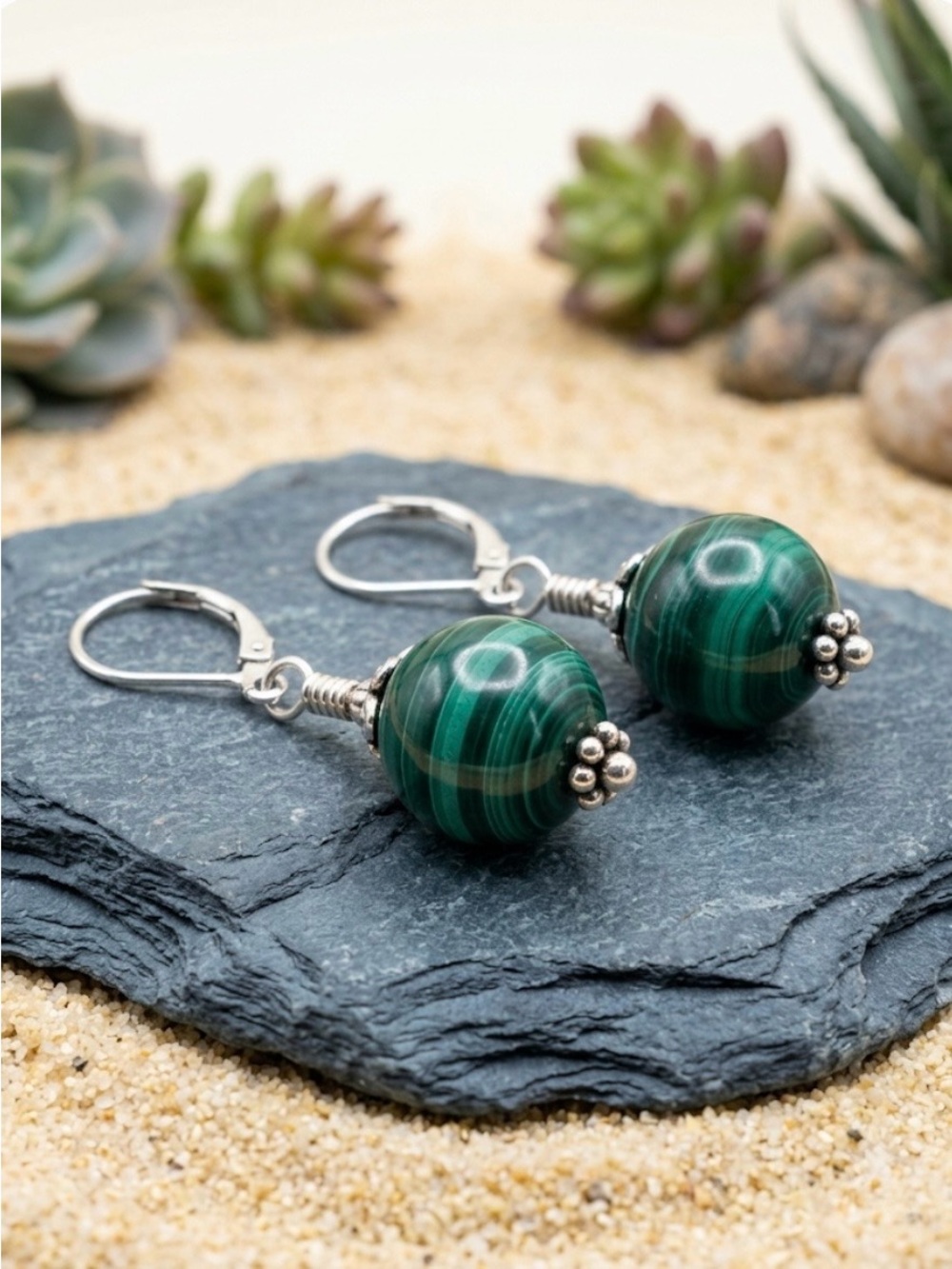 Artisan Genuine Malachite Leverback Earrings Sterling Silver Hand Cut NWT - Picture 5 of 11